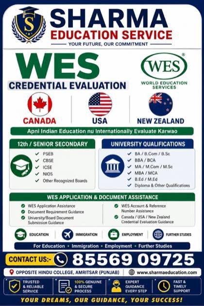 WES Credential Evaluation — Sharma Education Academy information poster